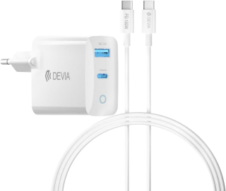 Devia GaN-006D 65W GaN Hálózati Töltőfej + 1M PD 100W USB Type-C adatkábel fehér színben