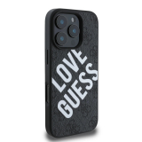 Guess iPhone 16 Pro MagSafe PU 4G mintás Love Guess feliratos szilikon tok fekete színben