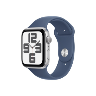 Apple Watch SE (2024) GPS – 44 mm-es ezüst alumíniumtok, denimszínű sportszíj